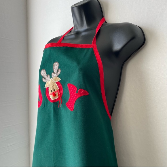 Christmas Joy Appliqué Reindeer Full Kitchen Apron Green and Red Holiday - Picture 2 of 8